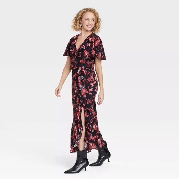 A New Day Women' Size XL Ruffle Flounce Short Sleeve Maxi Dress Black/Red Floral - Picture 13 of 14
